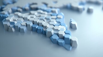 Abstract representation of a geographic map formed by hexagonal shapes in varying shades of blue and white, showcasing modern design elements and textures.