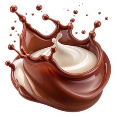 A dynamic illustration showing a swirl of rich brown chocolate erupting, surrounding a core of smooth, creamy white liquid, with droplets