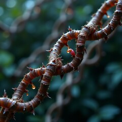 Twisted thorns adorned with dew in a tranquil garden setting Generative AI