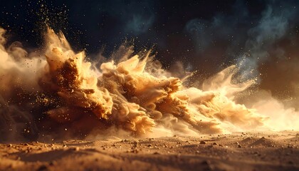 A dynamic visual of a sandy explosion filling the space, creating a cloud of dust and motion