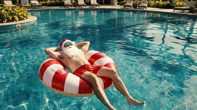 santa relaxing on pool float, red and white lifebuoy, santa hat and beard, red swim trunks and sunglasses, sunlit resort pool with clear blue water, gentle ripples and reflections, palm foliage.