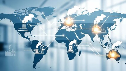 World map business network with factory icons representing industrial globalization and supply chain connectivity over blurred modern background.