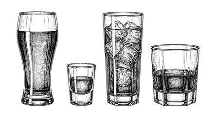 Detailed black and white sketch of various drinking glasses filled with different beverages and ice.