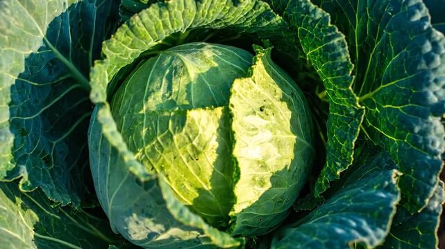 A close-up shot of a cabbage head, revealing detailed textured leaves and natural shades of green