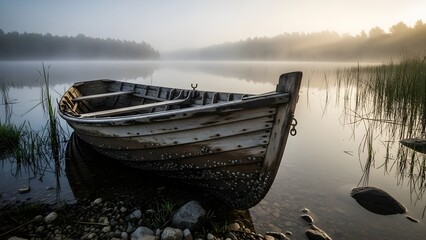 Old wooden boat on a serene lake at sunrise or sunset with misty atmosphere.