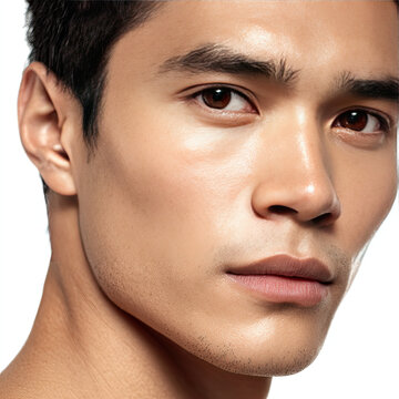 close up of young male model with smooth skin and intense gaze, his strong facial features and natural beauty. lighting highlights his defined jawline and expressive eyes