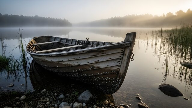 Old wooden boat on a serene lake at sunrise or sunset with misty atmosphere. - Powered by Adobe
