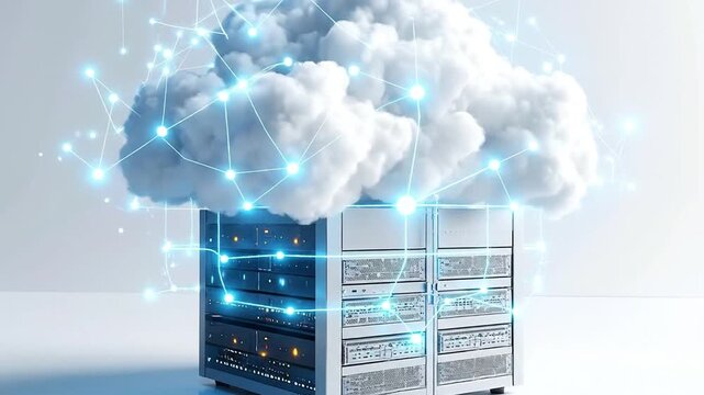 A conceptual image with a server rack beneath a cloud and a network of connected lights