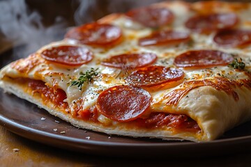 Pepperoni and cheese calzone with a close-up focus on the texture and steam, set against an isolated, pure background for studio lighting.