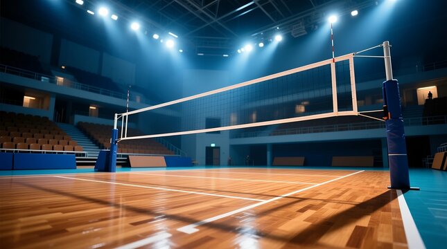 Empty indoor volleyball arena with polished hardwood court under dramatic lighting