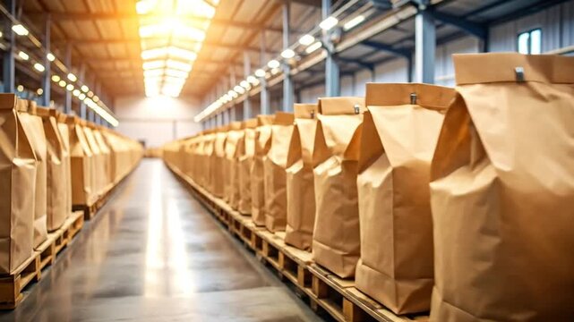 Large warehouse filled with rows of paper sacks on pallets, bathed in natural light