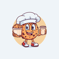 Cute Cookie Chef Mascot Holding Cookies and Milk