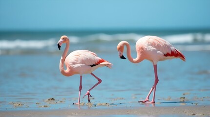 two flamingos on a sandy beach