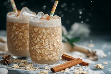 Refreshing oat drink served over ice with a hint of cinnamon and a playful straw perfect for sunny afternoons.