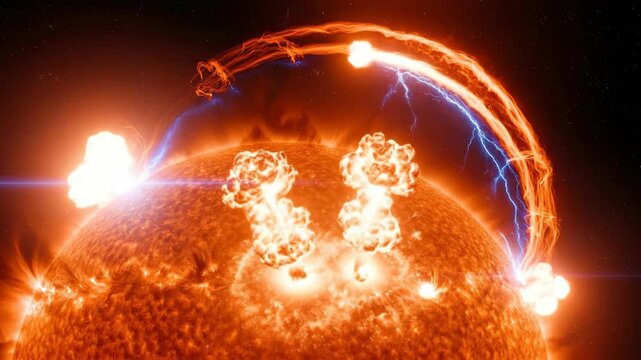 Dynamic animation of solar flare eruption with magnetic loop effects on star surface. Space science and astronomy concept.