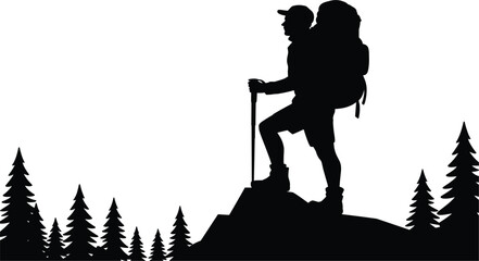 Black silhouette of a hiker with a large backpack and hiking pole standing on a mountain peak, surrounded by pine trees, adventure and trekking concept vector