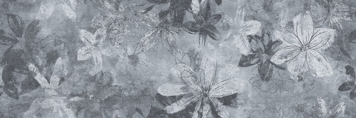 Cement texture with seamless flowers pattern. Wallpaper, textile or  ceramic design.