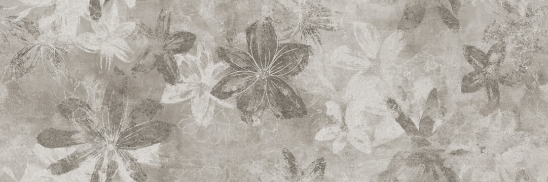 Cement texture with seamless flowers pattern. Wallpaper, textile or  ceramic design.
