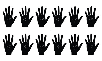 A repetitive pattern of ten black hand silhouettes on a white background