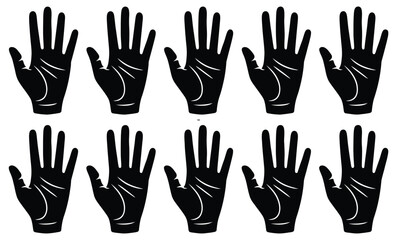 A repeating pattern of ten black human hand silhouettes against a white background
