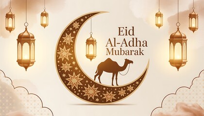 Eid al-Adha greeting card with crescent moon, camel silhouette, glowing lanterns, Islamic festive background, celebration, and Mubarak message design