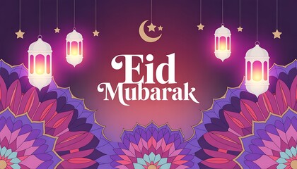 Eid Mubarak greeting card with glowing lanterns, crescent moon, mandala patterns, Islamic festive background, stars, and celebration design