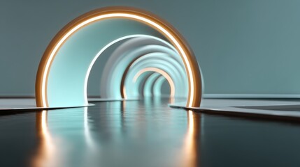 Obraz premium Surreal futuristic tunnel with glowing arcs and reflective surface creating an ethereal ambiance, offering a sense of depth and exploration