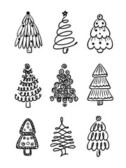 Set of Christmas tree icons, silhouettes in black color. Silhouettes of Christmas trees. Vintage vector icons isolated on white background. 
