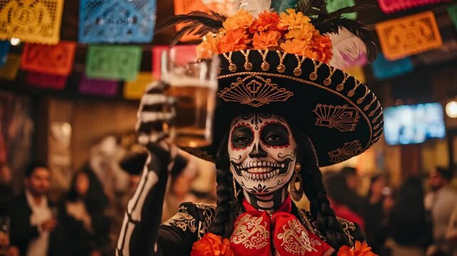 Woman with calavera face paint and wide brim mexican sombrero in festive restaurant, raising a glass of beer for holiday celebration.