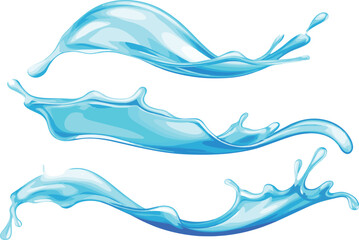 Blue water splashes vector illustration set, dynamic waves and droplets with transparent fresh liquid, perfect for purity and drink advertising