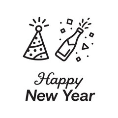 Black and White Happy New Year Icon Set Party Hat, Fireworks, and Champagne Celebration Icons. 