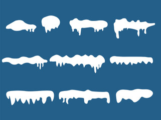 Set of snow caps, snow icicles or snowdrifts. Frost decoration collect frames. Horizontal frozen snow set. Collection of snow elements. white blue snow pattern. Christmas, New year concept. 