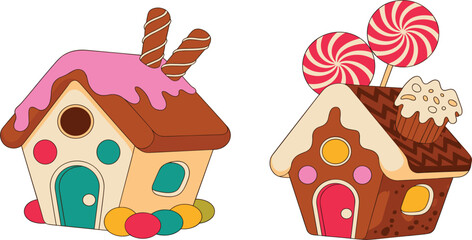 Cute vector set of two festive gingerbread houses decorated with candy, lollipops, and pink icing