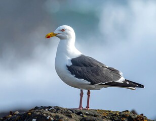 Bird portrait, white head, gray wings, yellow beak, red dot, stands on dark rock, sky backdrop