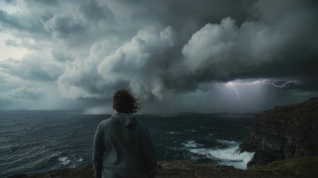 Man stands on cliff watching stormy ocean with dramatic clouds and bright lightning illuminating the seascape