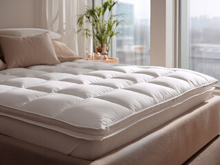 expensive thick white cotton topper mattress with 10cm raised side, providing comfort and support for restful sleep. soft texture overall sleeping experience