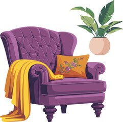 Cozy purple tufted armchair illustration with a yellow blanket, embroidered orange cushion, and large potted houseplant, elegant comfortable furniture vector