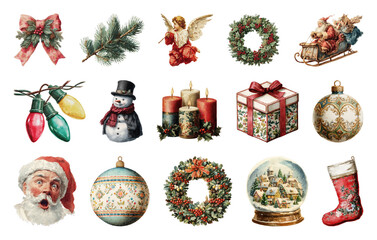 Obraz premium PNG Vintage Christmas holiday decoration collection, element set on transparent background