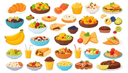 Assortment of diverse, colorful, and tempting food illustrations on a white background