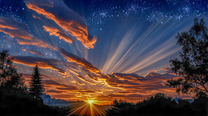 Majestic sunset over a serene landscape, with vibrant orange and purple clouds illuminating the sky, casting warm light on silhouettes of trees and distant mountains, creating a tranquil atmosphere