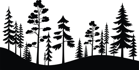 Black silhouette border of a dense pine tree forest landscape, various fir and coniferous trees on hills, winter nature wood background element vector