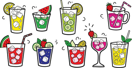 Assortment of vibrant cartoon cocktails and fresh fruity summer beverages
