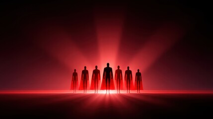 Mysterious silhouettes with flowing capes against a dramatic red backdrop, embodying themes of power, strength, and heroism in a surreal environment