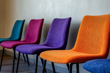 Row of colorful chairs with varied textures and styles against a simple wall, close-up with rich colors and ample space for banner text.