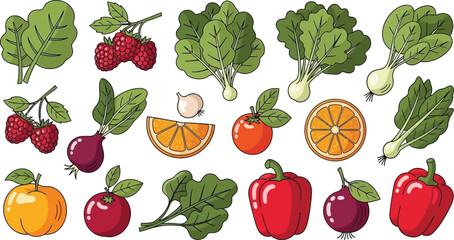 Set of Fresh Vegetables and Fruits Vector Illustration for Healthy Diet