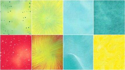 Nine abstract squares feature vibrant patterns including green dots, yellow radiating lines, blue waves, teal circles,