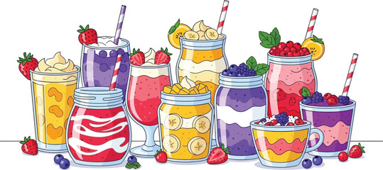 Set of Colorful Fruit Smoothies and Milkshakes in Jars and Glasses with Fresh Berries Vector Illustration