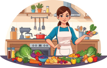 Woman preparing healthy fresh cuisine with garden produce indoors
