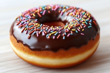 Stylized chocolate-covered donut with glossy glaze and colorful sprinkles creates a charming toy-like confectionery delight.