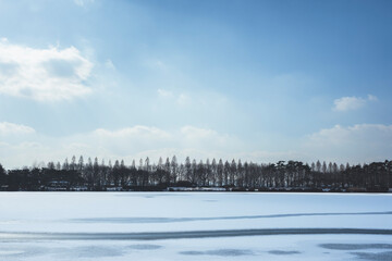 눈 덮힌 호숫가 너머